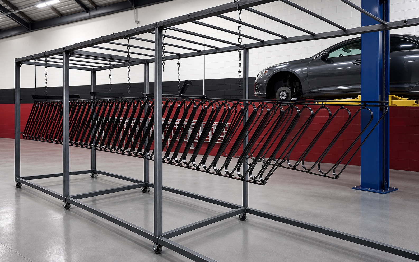 Powder-coated commercial steel components prepared for production