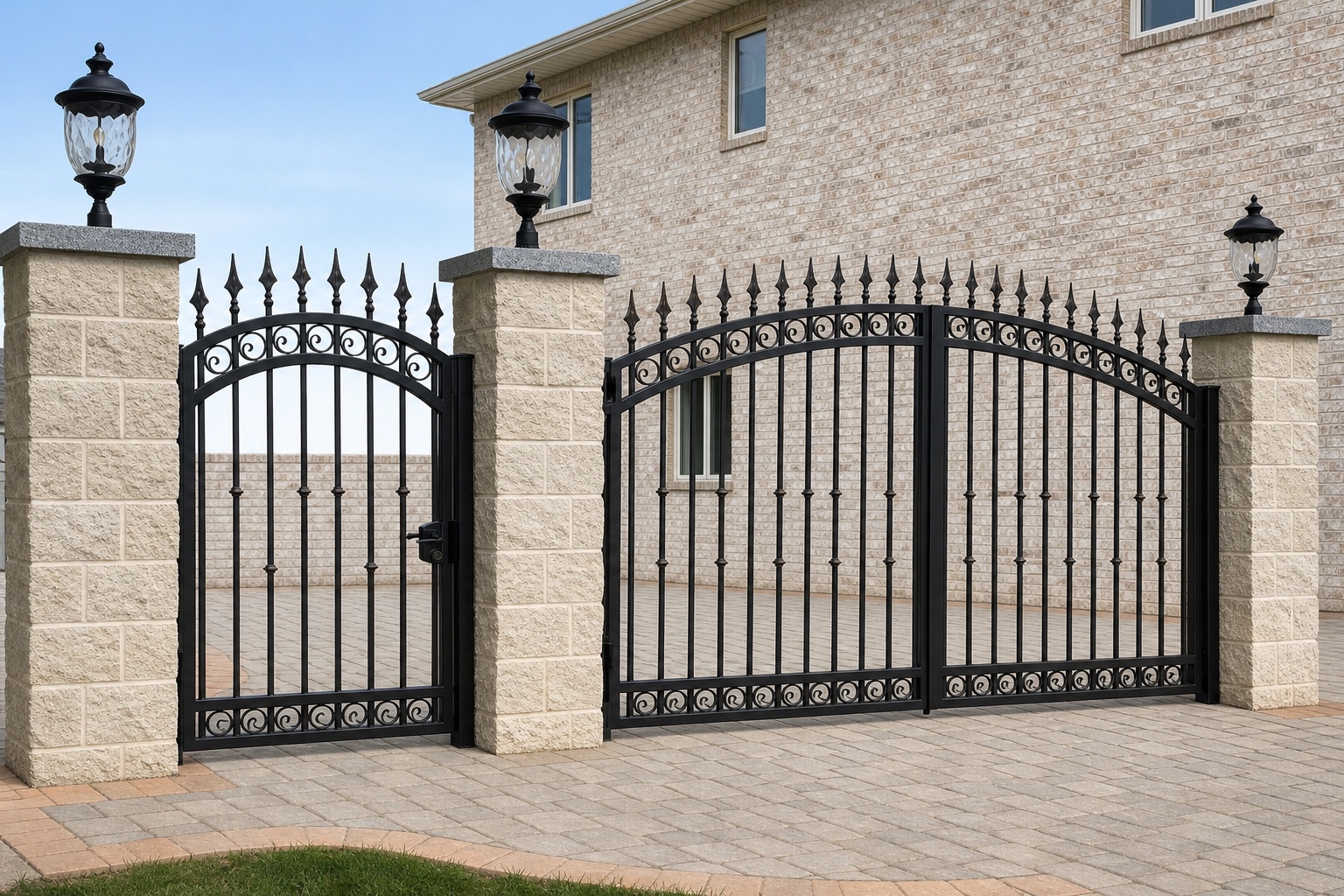 Custom matte black powder-coated wrought-iron entrance gate